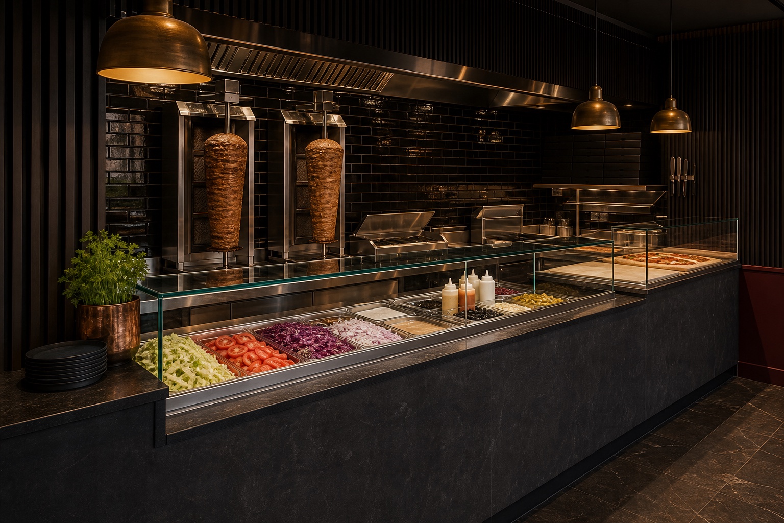 Die Theke mit dem Dönerspieß und der Auslage mit frischem Salat